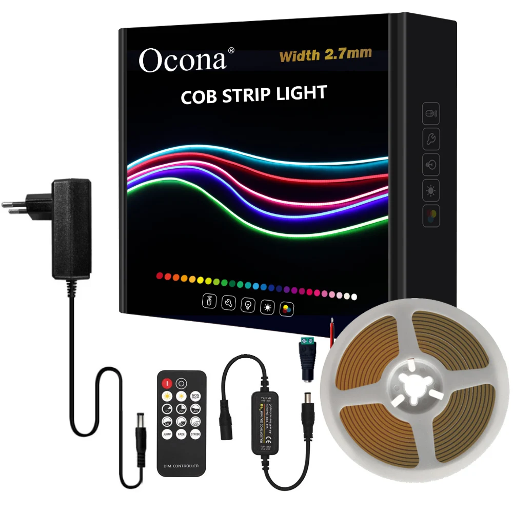 Kit completo de tira de luces LED COB multicolor con Control remoto de 2,7mm para decoración de habitación DIY azul/rosa/rojo juego de luces de cinta LED de alta densidad DC 12V