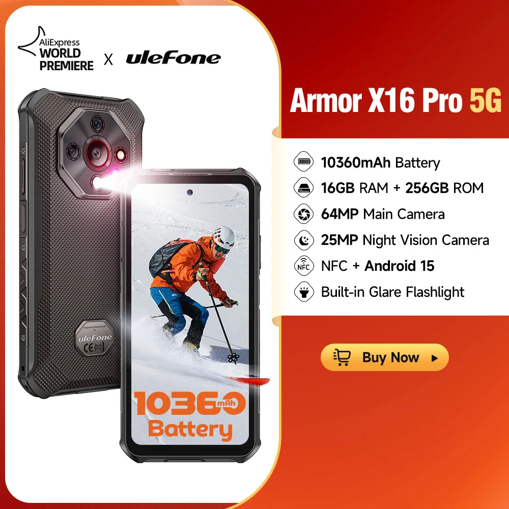 Teléfono robusto Ulefone Armor X16 Pro 5G, batería de 10360 mAh, 16 GB de RAM, 256 GB de ROM, pantalla de 6,56", NFC, Android, con Google Gemini.