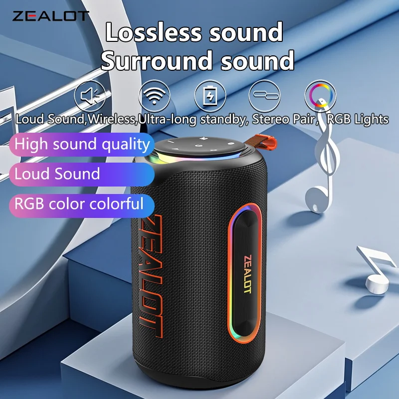 Altavoces inalámbricos ZEALOT-MP1 de 60 W, luz RGB, 30 horas de reproducción, IPX 6, resistente al agua, altavoz inalámbrico, emparejamiento dual, batería de 8000 mAh.