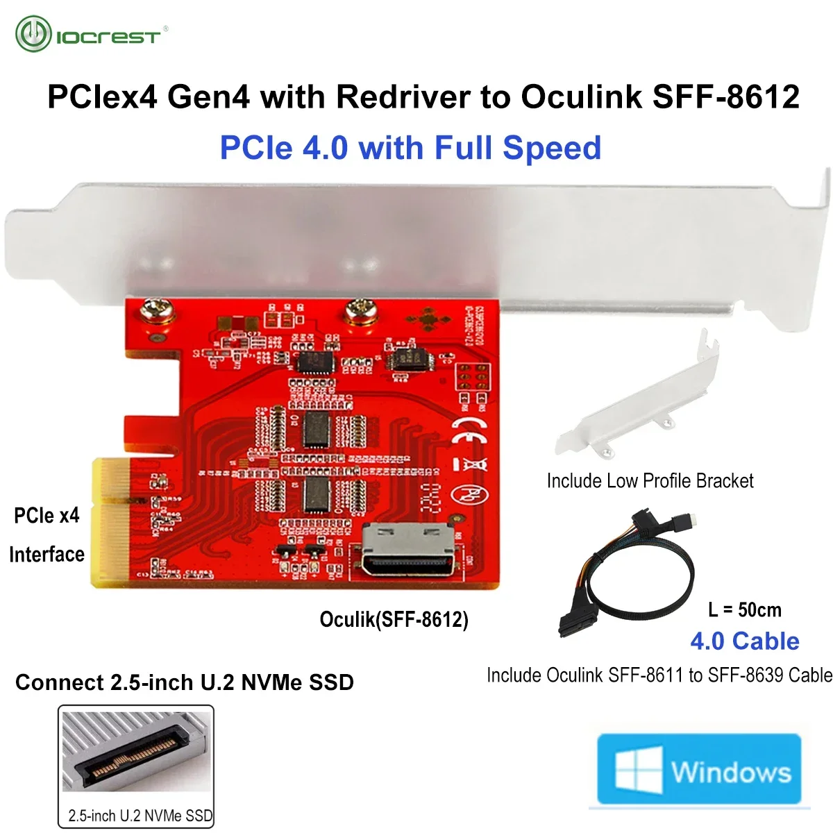 IOCREST PCIe 4,0 x4 Gen4 con Redriver a Oculink 4i SFF-8612 adaptador de tarjeta adicional conexión de velocidad completa 2,5 ''U.2 NVMe SSD - imagen 3