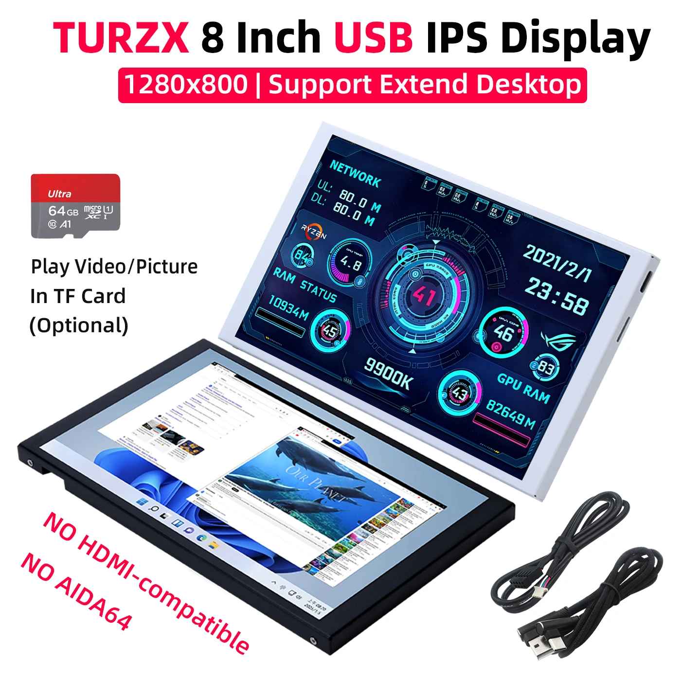 TURZX pantalla USB de 8 pulgadas 1280x800 IPS LCD compatible con modo de escritorio extendido reproducción automática a través de tarjeta TF CPU GPU RAM Monitor NO AIDA64