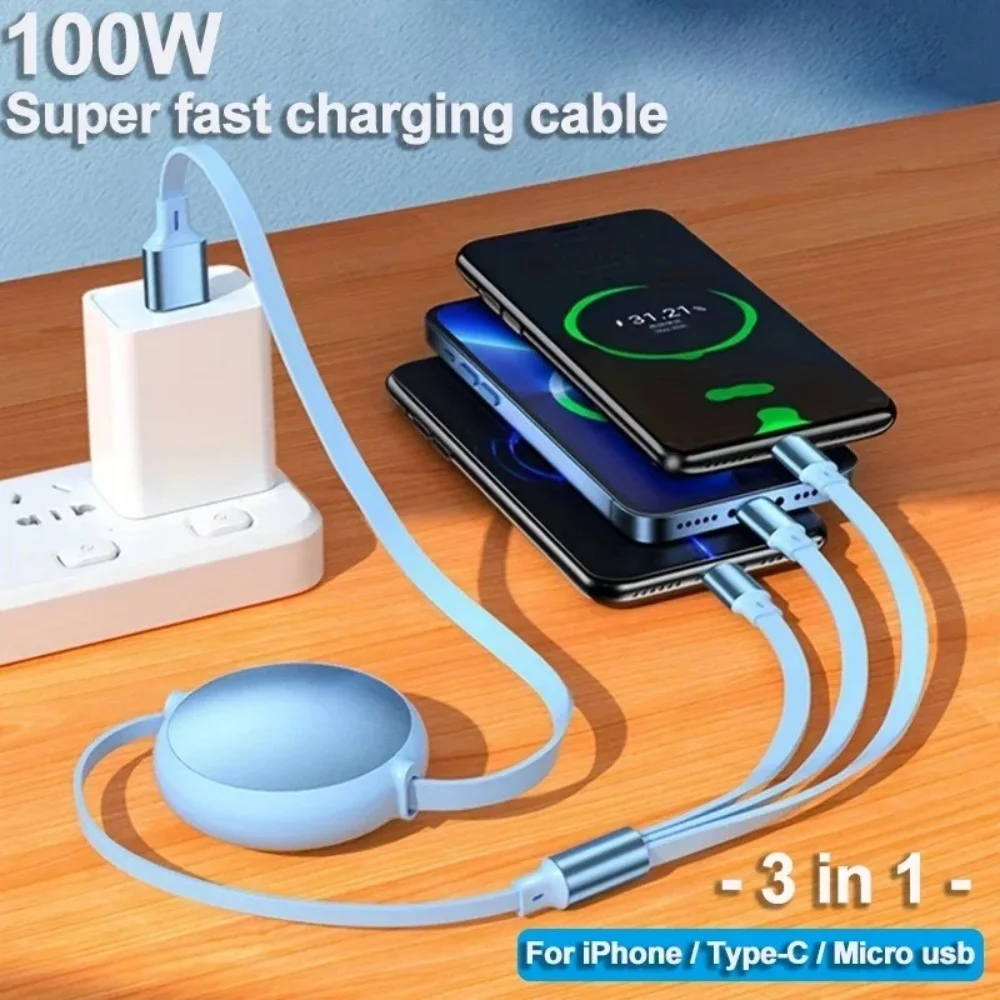 Cable de carga rápida 3 en 1 de 100W Cable USB retráctil para iPhone Samsung Nylon trenzado con puertos Micro USB tipo C Lightning - imagen 4