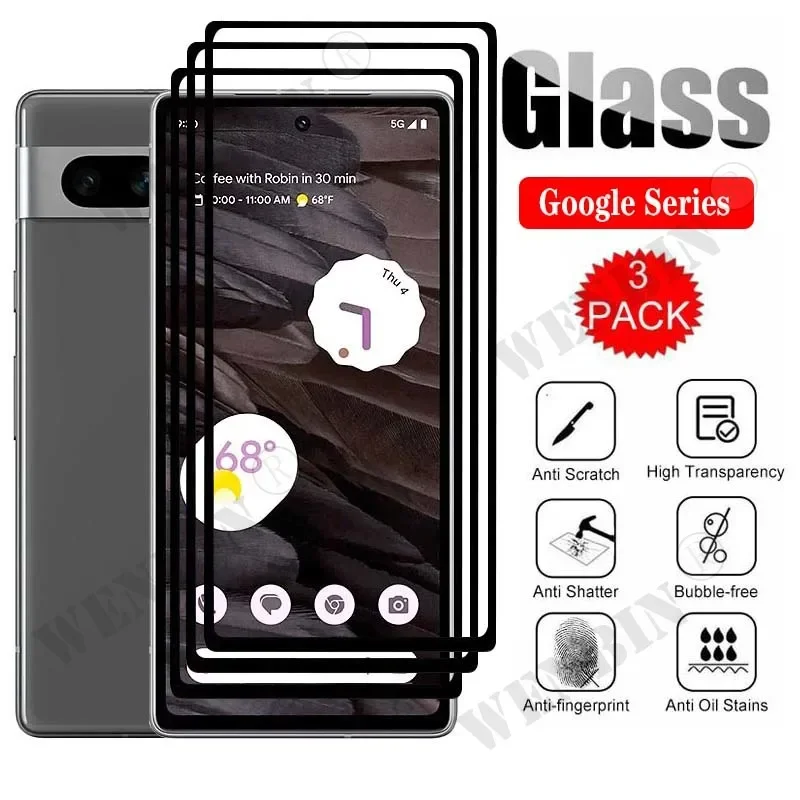 Protector de pantalla de vidrio templado para móvil, cubierta completa curvada, 3 piezas, para Google Pixel 9, 8 Pro, XL, 8A, 7 Pro, 7A, 7, 6 Pro, 6A, 6, 5, 5A, 4A, 5G