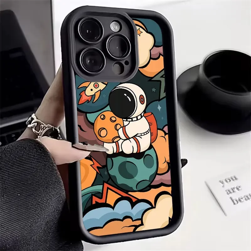 Funda de teléfono mate con dibujos de astronauta espacial para iPhone16, 15, 14, 11, 12, 13Pro Max X XS XR 7, 8Plus SE2, funda de silicona suave a prueba de golpes