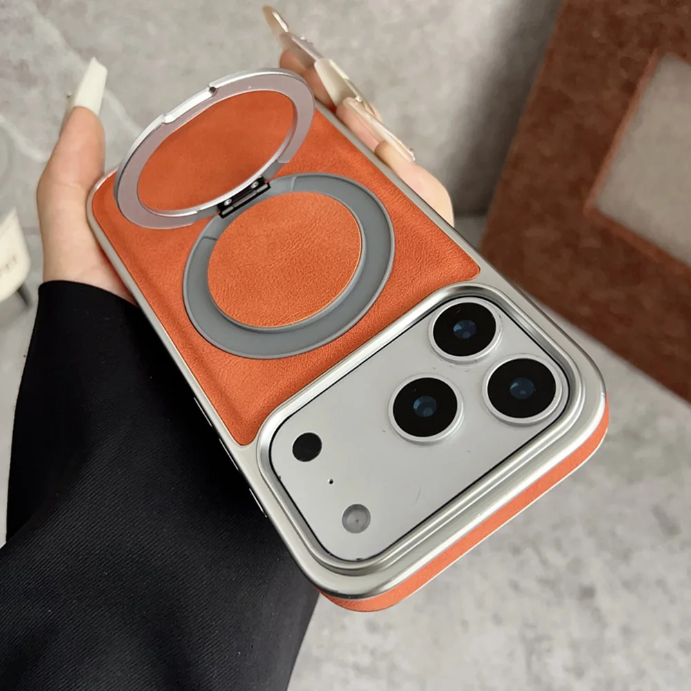 Funda de teléfono de cuero con soporte magnético y anillo magnético giratorio para iPhone 17 16 15 14 13 Pro Max Plus, funda protectora híbrida chapada en aire - imagen 2