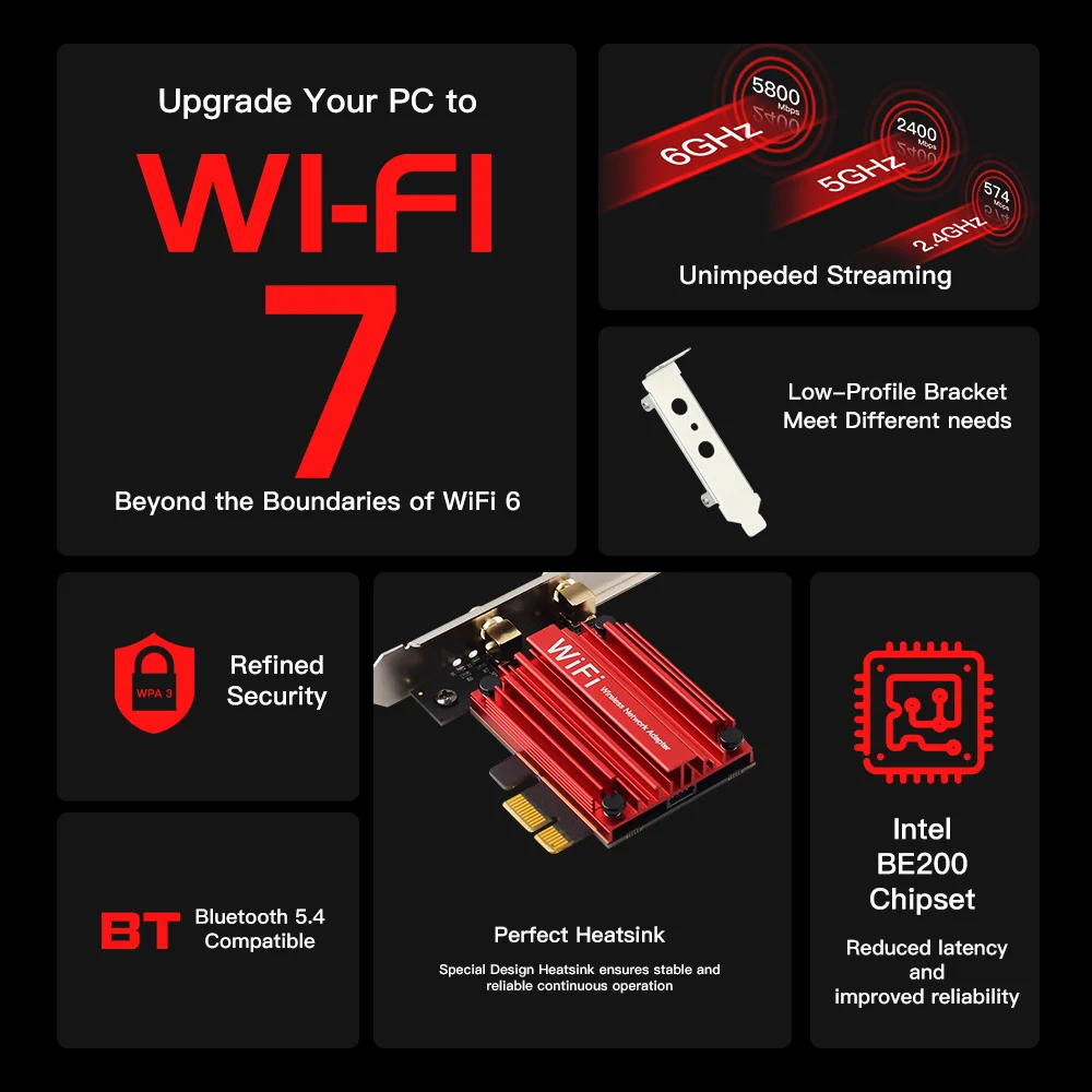 Fenvi 8774Mbps WiFi 7 para Intel BE200 Pcie adaptador inalámbrico Bluetooth 5,4 Tri Band 2,4G/5G/6G mejor que la tarjeta AX210 Wifi 6E - imagen 4