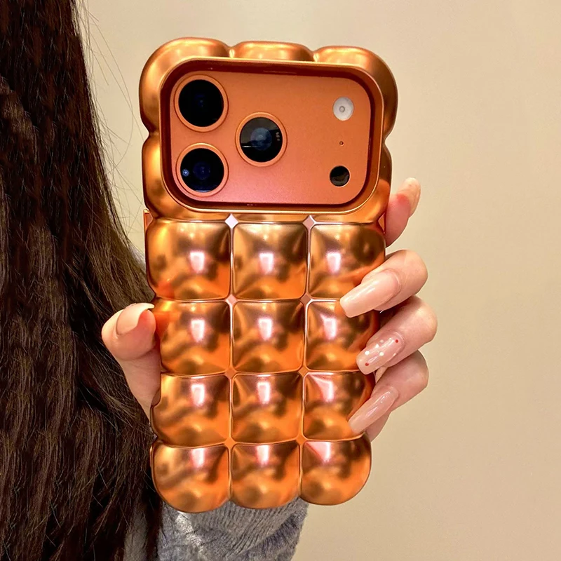 Ins Creative Cosmic Orange 3D Puff Grid TPU funda de teléfono para iPhone 17 Pro Max 16 15 14 13 12 11 cubierta protectora trasera a prueba de golpes - imagen 2