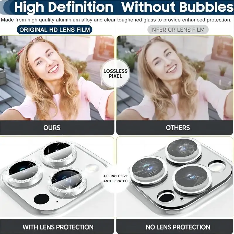 Funda protectora de lente de cámara de cristal de diamante brillante para IPhone 14 15 13 11 12 16 Pro Max 16 Plus 12 13 Mini cubierta de anillo de Metal de parachoques - imagen 5