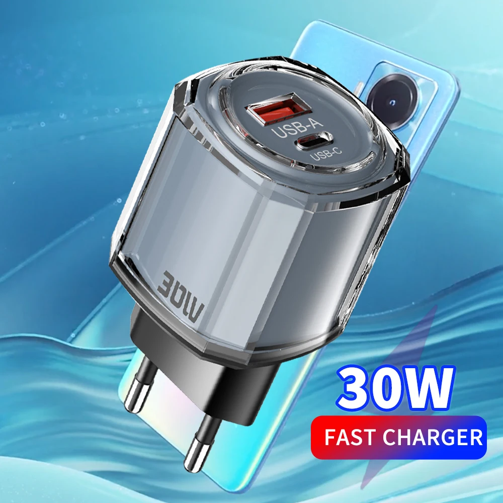 Cargador rápido USB C de 30W, cargador de pared con enchufe UE/EE. UU./Reino Unido, carga rápida 3,0 para iPhone, Samsung, Xiaomi, Huawei, adaptador de cargador de teléfono móvil