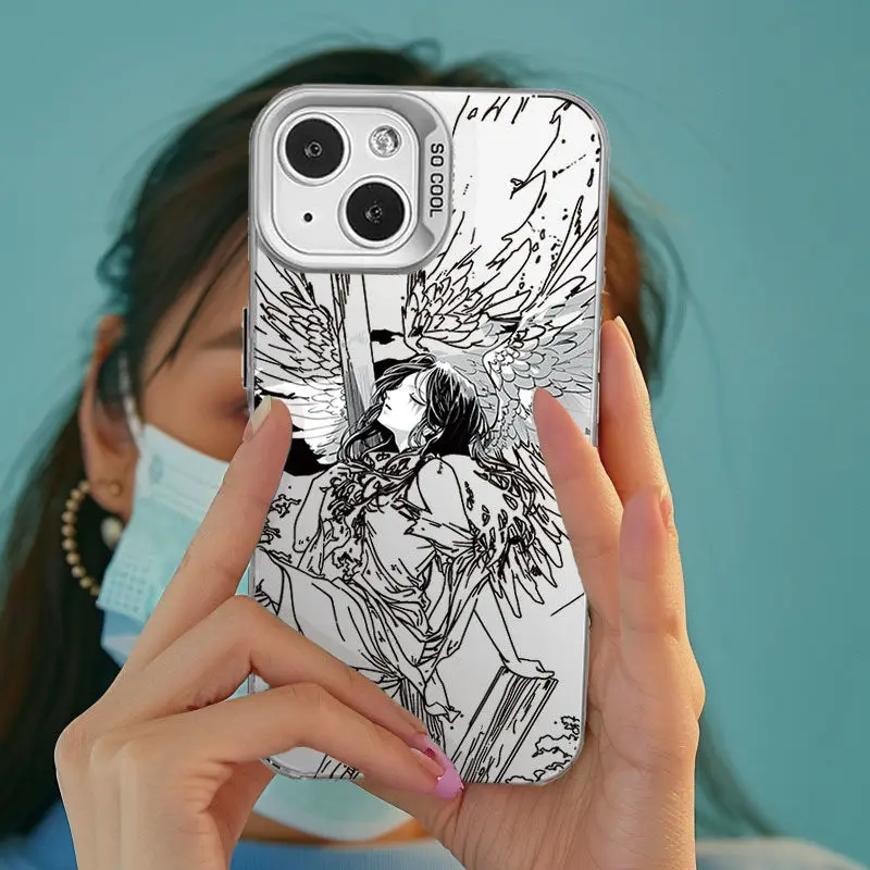 Y2K funda de teléfono de Ángel negro de líneas simples para Samsung A73, A72, A55, A54, A53, A35, A34, A33, A32, A30, A24, A23, A22, A15, 4G, 5G, cubierta mate