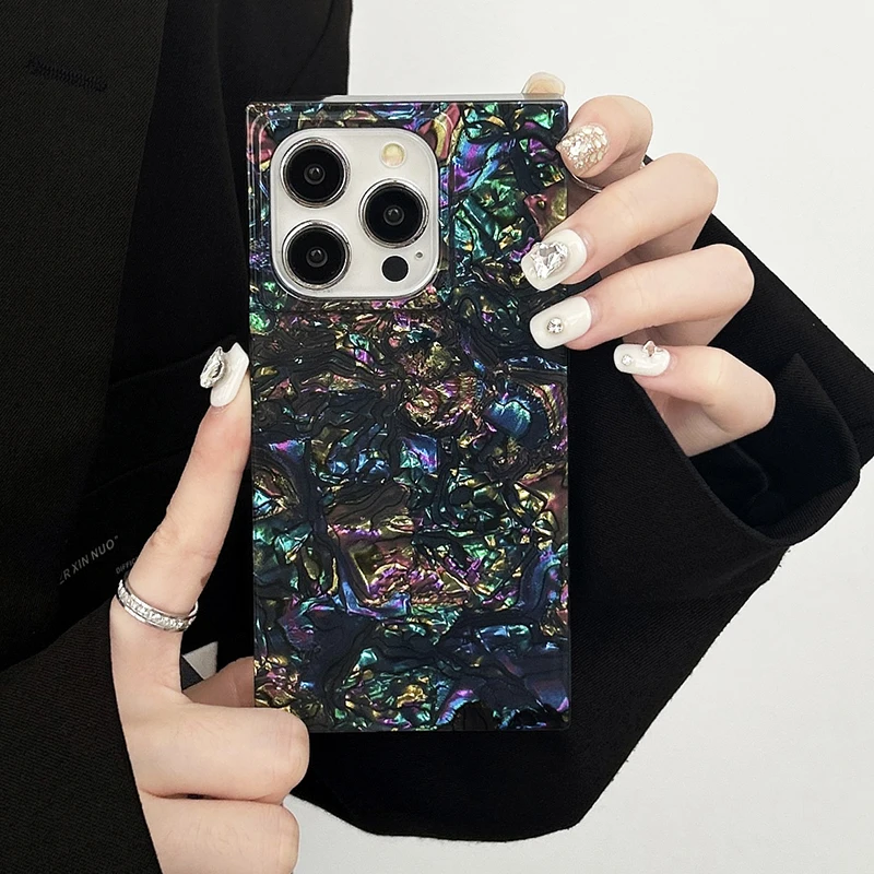 Funda rectangular de lujo con diseño de concha de perla de Color arcoíris para iPhone 16 17 Pro Max 15 14 13, funda trasera de TPU suave única a la moda - imagen 5