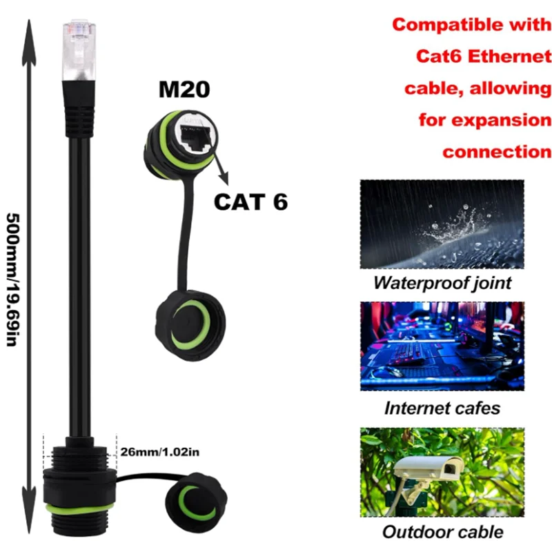 Conector impermeable de montaje en panel RJ45, conector de cable IP68 con cable, macho a hembra, con acoplador de cable de blindaje-CAT6-M20 - imagen 3