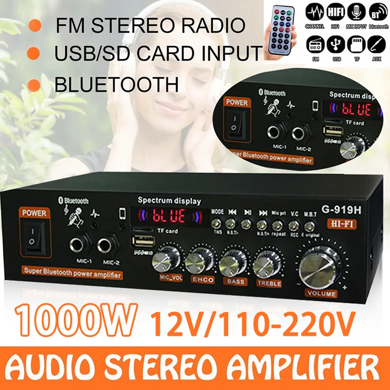 AK35/G919H Amplificador Bluetooth para Coche 1000W Dual Canales FM USB - imagen 3