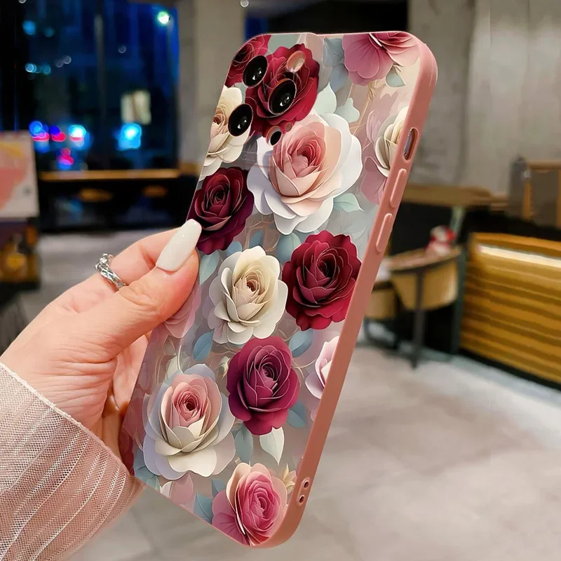 Funda de teléfono de lujo con estampado Floral de rosas a prueba de golpes para iPhone 16 Pro Max 15 14 13 12 11 XS X XR 7 8 Plus 16 funda suave a prueba de golpes - imagen 4