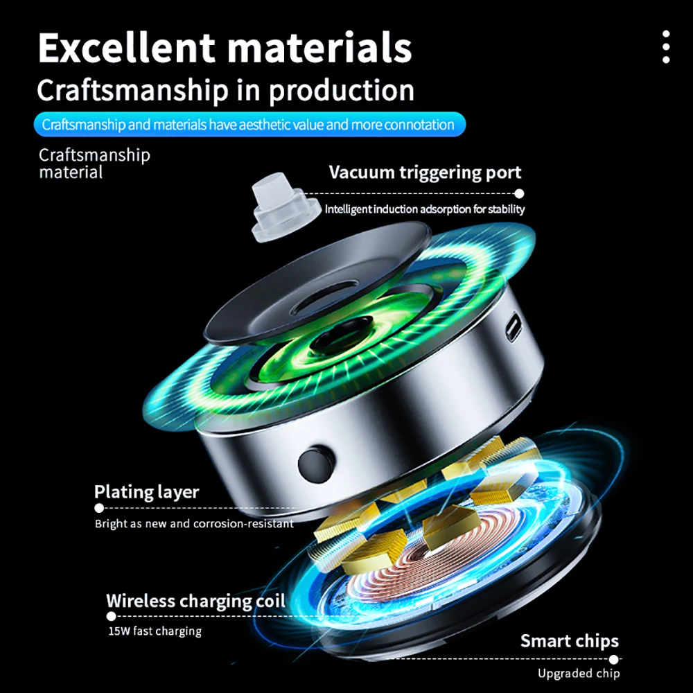 Soporte inteligente para teléfono para coche, carga inalámbrica de 15 W, tecnología de atracción magnética, soporte Universal de adsorción al vacío - imagen 5