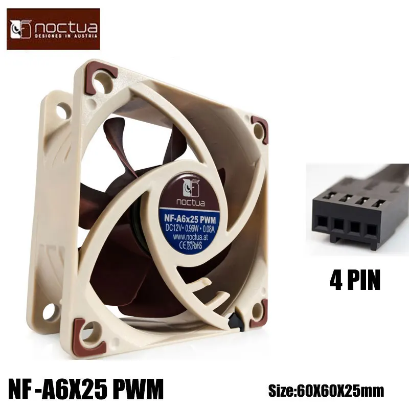 Noctua-ventilador de rodamiento magnético estable, 60x60x25mm, 12V/5V, 3 pines/4 pines, PWM, Control inteligente de temperatura, SSO, 6CM, NF-A6X25 - imagen 2