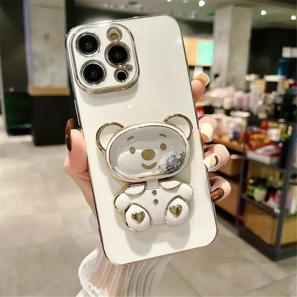 Funda con soporte plegable para iPhone, carcasa con espejo de oso bonito para modelos 11, 12, 13, 14, 15 Pro Max, XS Max, XR, 7, 8 Plus, con purpurina y arena movediza - imagen 5