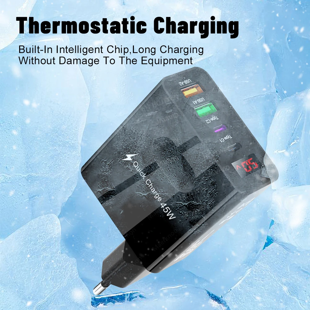 Cargador USB de 45W, 4 puertos tipo C, carga rápida, cargador de pared con pantalla Digital para iPhone, Samsung, Xiaomi, Huawei, adaptador de cargador de teléfono - imagen 4