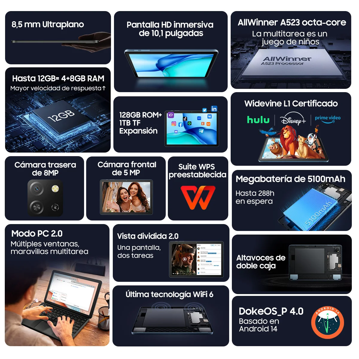 Blackview TAB 60 tableta WIFI pantalla HD de 10,1 pulgadas 4GB RAM 128GB ROM 5100mAh batería Widevine L1 Android 14 WIFI tabletas PC Pad - imagen 3