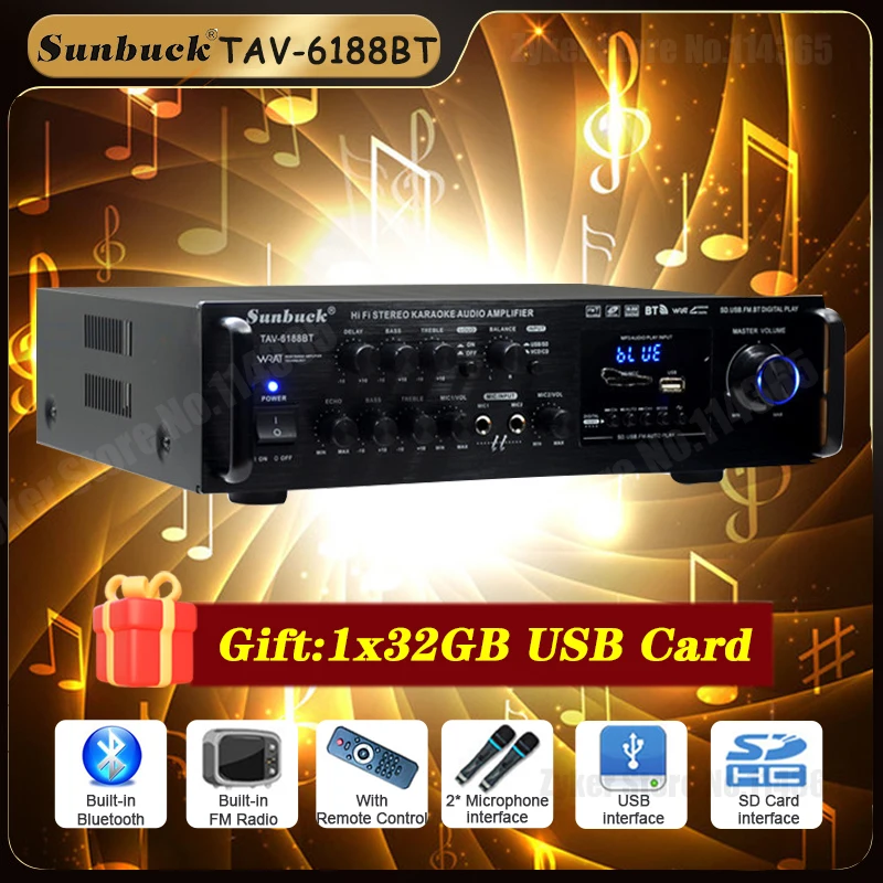 Amplificador DE SONIDO Bluetooth para el hogar y el coche, dispositivo de Audio estéreo Digital con entrada de micrófono, USB, SD, FM, AUX, 12V, 220V