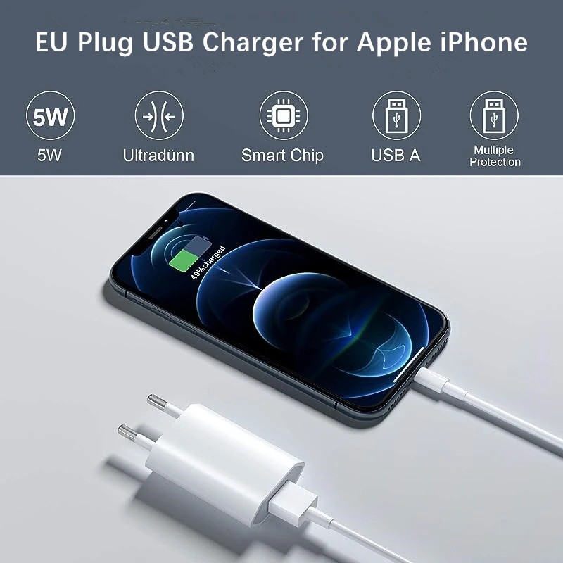 Cargador USB con enchufe europeo para móvil, adaptador de corriente con caja de venta al por menor para Apple iPhone 6, 6S, 7, 8, 14 Plus, 13, 12 mini, 11 Pro, XS Max, XR, X, SE, 5 5S, 10 Uds. - imagen 5