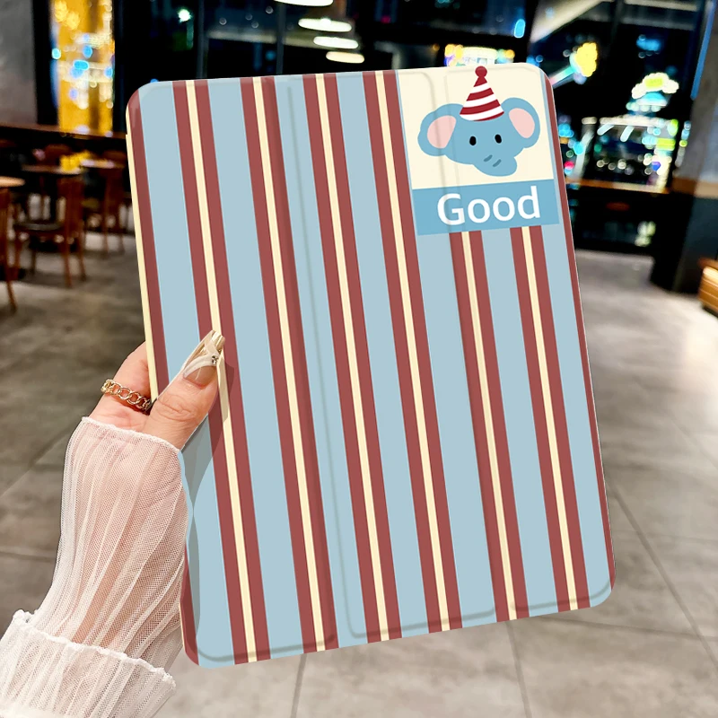 Funda para tableta con rayas y elefantes azules y marrones para iPad pro 10/11 pulgadas 2020/6/7th/8th /Air 3rd/Air 4th/9th gen/Air 5th Gen 2022/Air