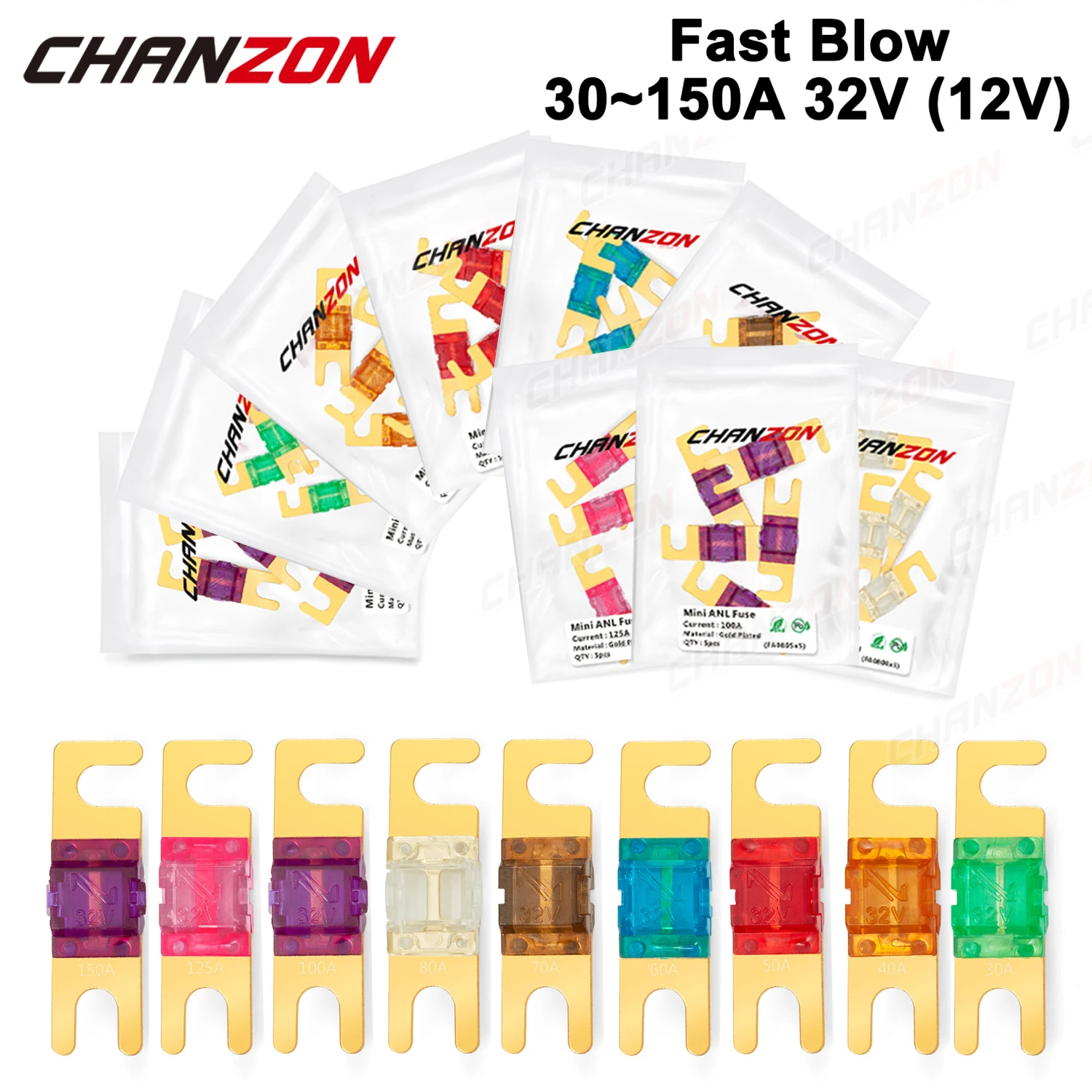 Fusible de perno Mini AFS ANL chapado en oro, 30, 40, 50, 60, 70, 80, 100, 125, 150 Amp A, 5V, 12V, 24V, 32V, Audio automático para coche, 5 uds.