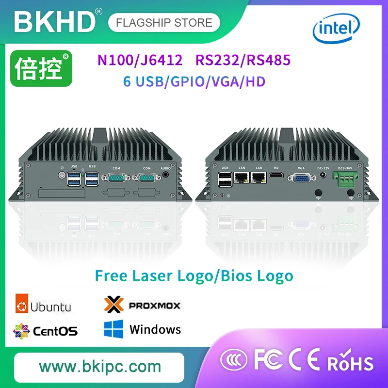 BKHD N100 J6412 Mini PC 6 USB integrado montado en la pared Host 9V 24V 36V amplio voltaje Linux RS232 RS485 seguridad de red VPN Firewall - imagen 2