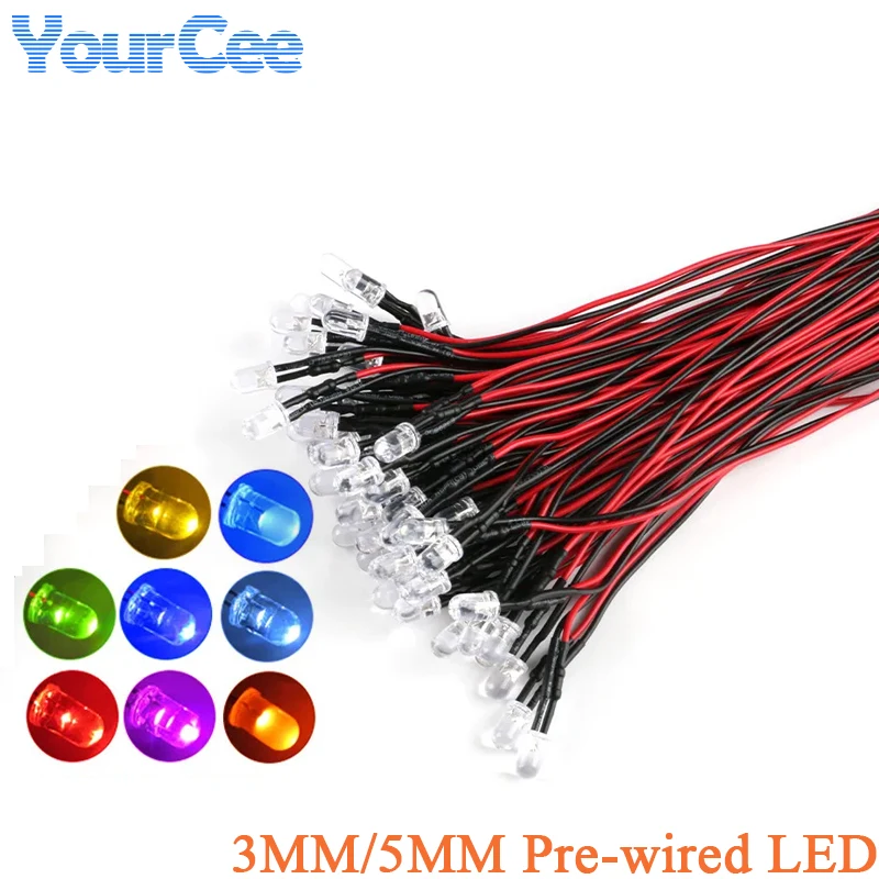 10 Uds F5 5mm 3mm lámpara LED cuenta agua transparente diodo LED precableado 20cm Cable rojo/verde/azul/amarillo/UV/naranja/rosa/cálido/blanco/RGB