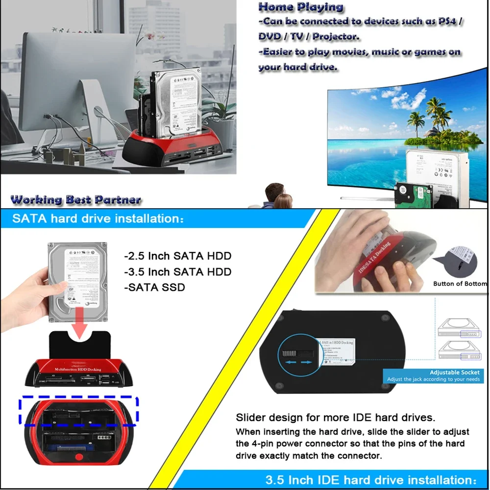 USB a Sata IDE HDD con lector de tarjetas, estación de acoplamiento de disco duro USB, carcasa externa Hd, SSD a Caja USB - imagen 5