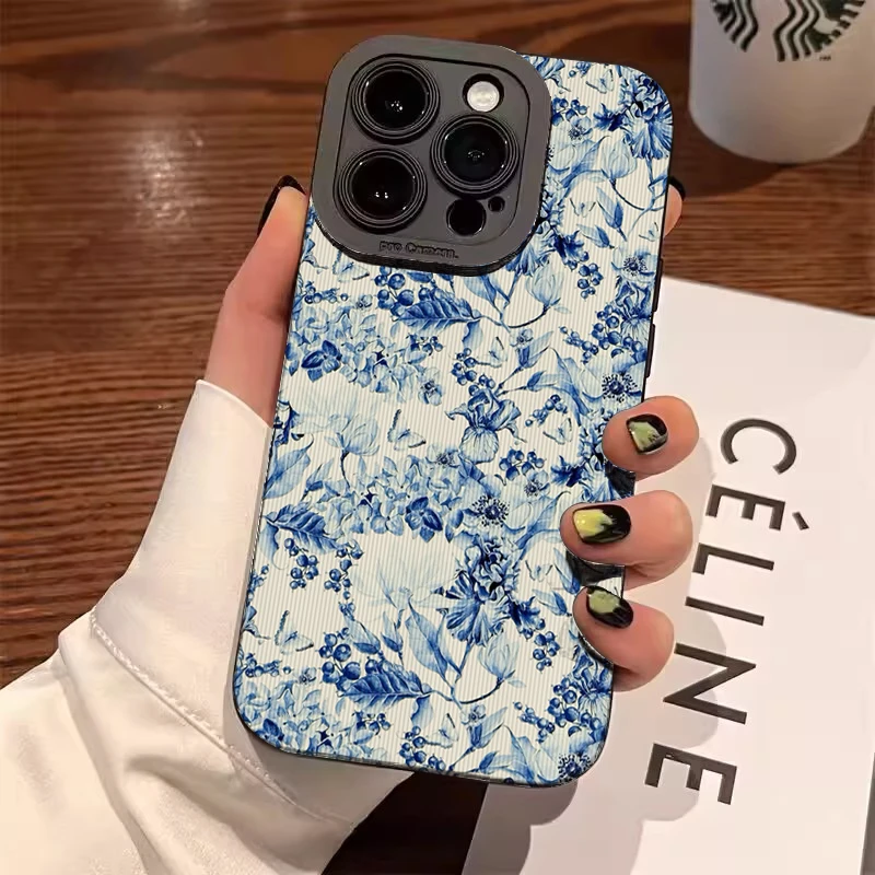 Funda para Samsung Galaxy S25 S24 S23 S22 Ultra Plus S21 FE, funda de teléfono Floral azul elegante para A36 A34 A54 A56 A52S A53