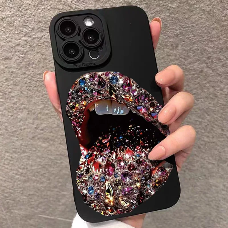 Funda de teléfono con estampado de labios de diamante Sexy para iPhone 17 16 15 14 13 12 11 Pro Max XS X XR 7 8 Plus 16E Air cubierta de parachoques suave a prueba de golpes