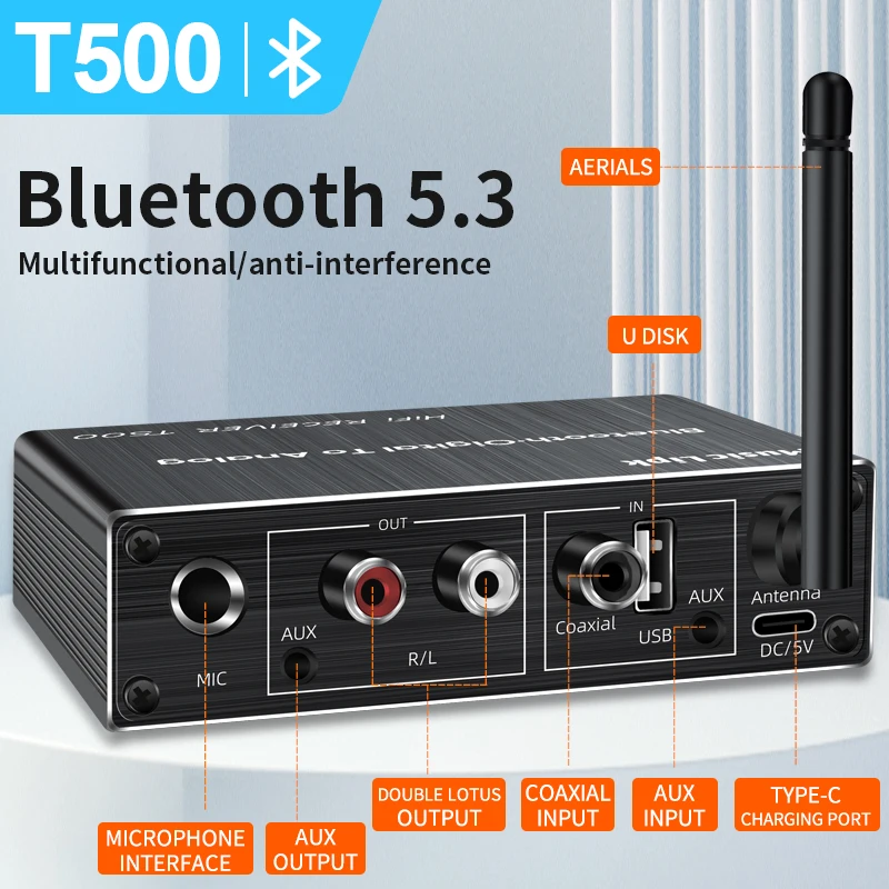 VAORLO-receptor de Audio con Bluetooth 5,3, convertidor DAC Coaxial, USB u-disk Play, adaptador inalámbrico de Karaoke de 6,5 micrófonos, AUX RCA de 3,5 MM - imagen 4