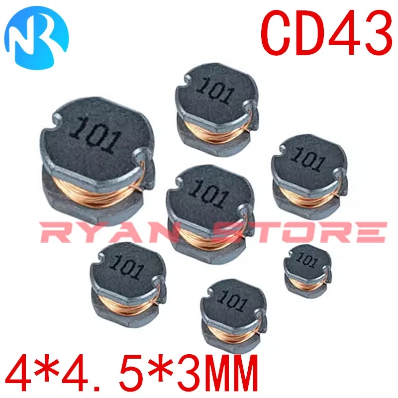 100 Uds Inductor SMD de alta potencia CD43 1UH 1,5 2,2 4,7 10 22 33 47 68 100 220 330 470 680UH 1 2,2 1.5MH inductancia de potencia 4*4,5*3MM