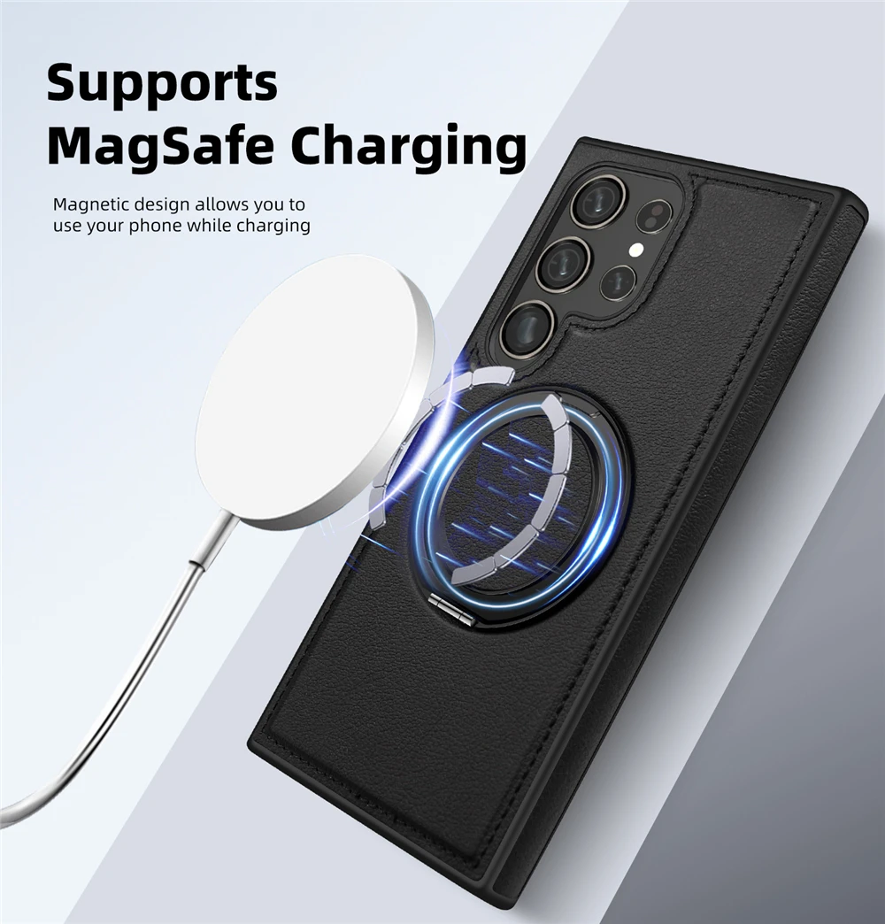 Funda de teléfono de cuero completo de lujo para Magsafe Samsung S24 Ultra S23 S22 Ultra Plus, soporte de Metal giratorio magnético, cubierta trasera con soporte - imagen 4