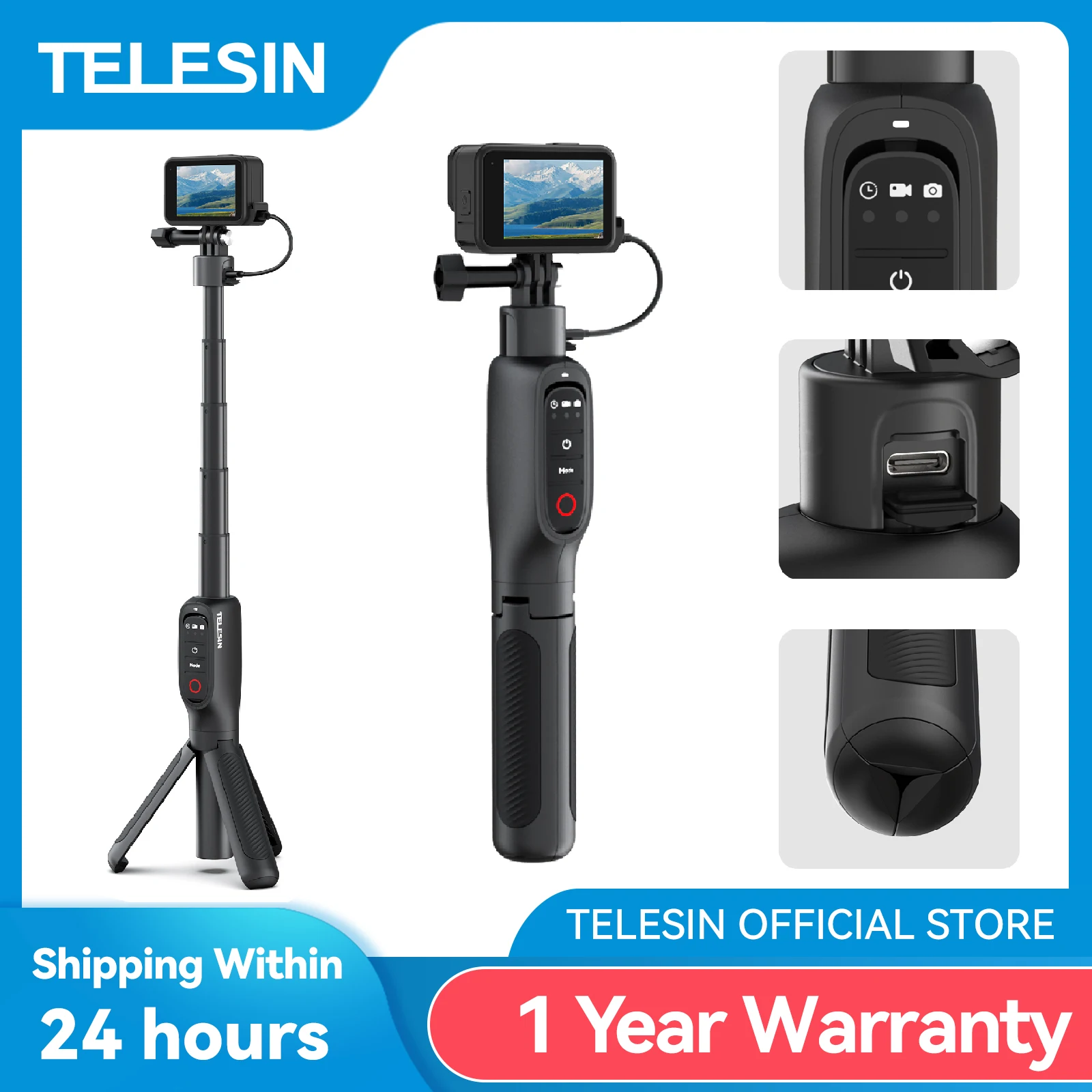 TELESIN 5000Mha Banco de energía 360 ° Trípode de Control remoto con palo de Selfie de carga de rotación para Gopro Hero 13 12 11 10 9 MAX - imagen 2