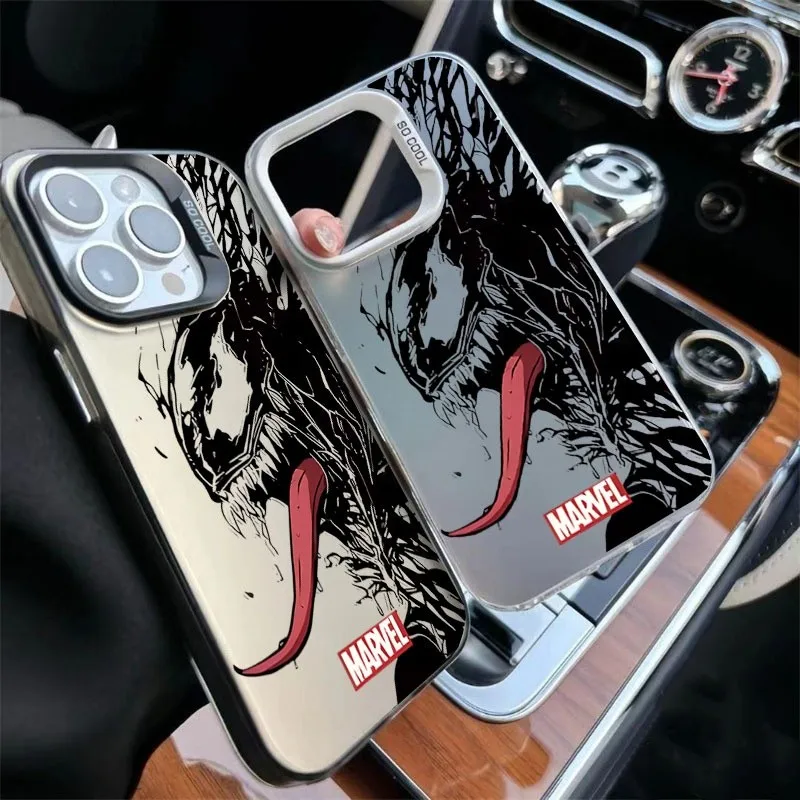 Funda de teléfono para IPhone 15 14 13 Pro Max 12 Mini 7 8 6 6S Plus XR X XS Max, funda Marvel Spider-Man Line Venom, láser plateado duro