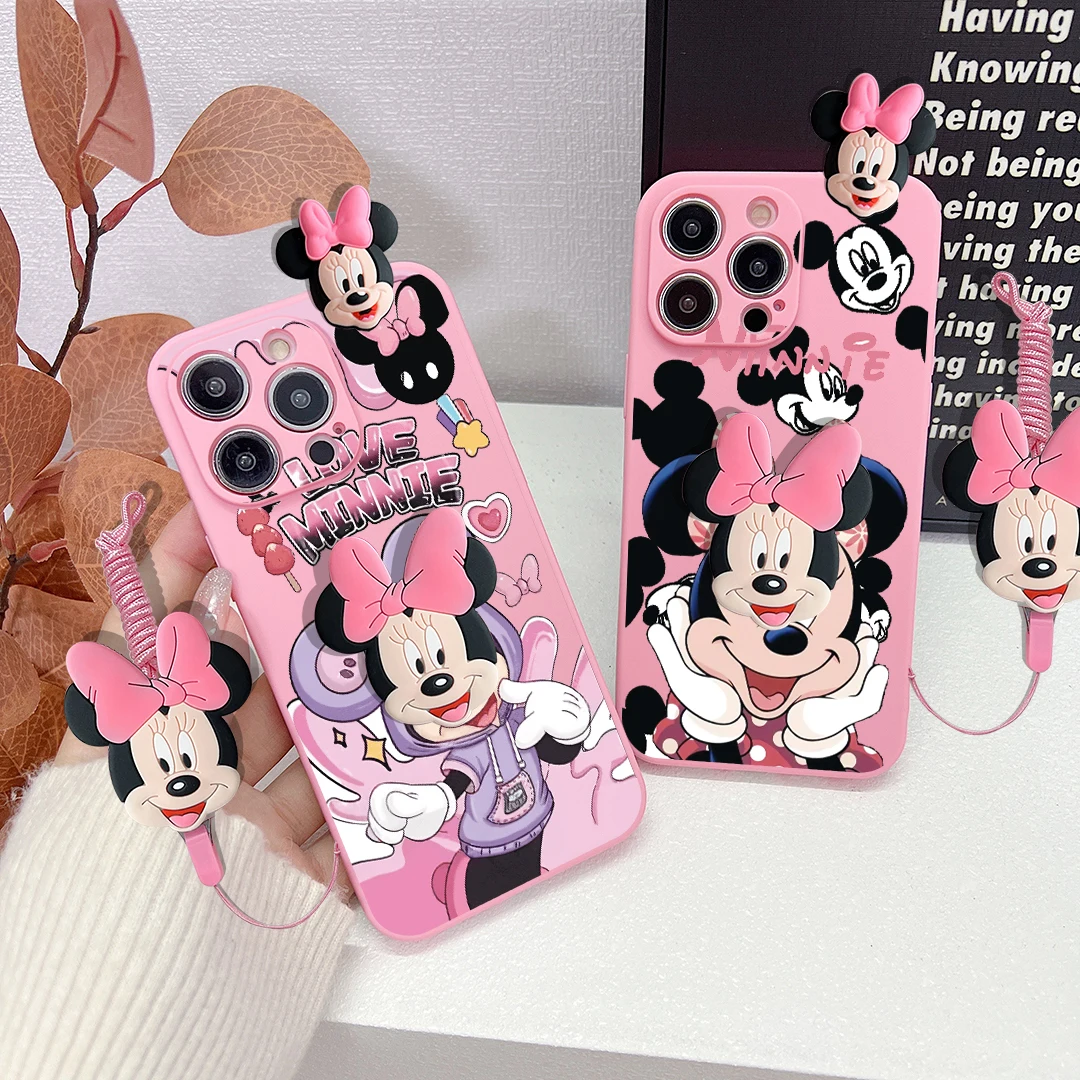 Para iPhone 16 15 14 13 12 11 XR Xs 8 7 6 Pro Max mini Plus Funda Minnie con capucha y cuerda de soporte - imagen 2