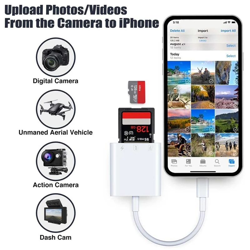 Adaptador de tarjeta de memoria para Apple iPhone, lector de tarjetas Lightning a SD con puertos de carga, visor de cámara para unidad Flash iPhone iPad - imagen 4