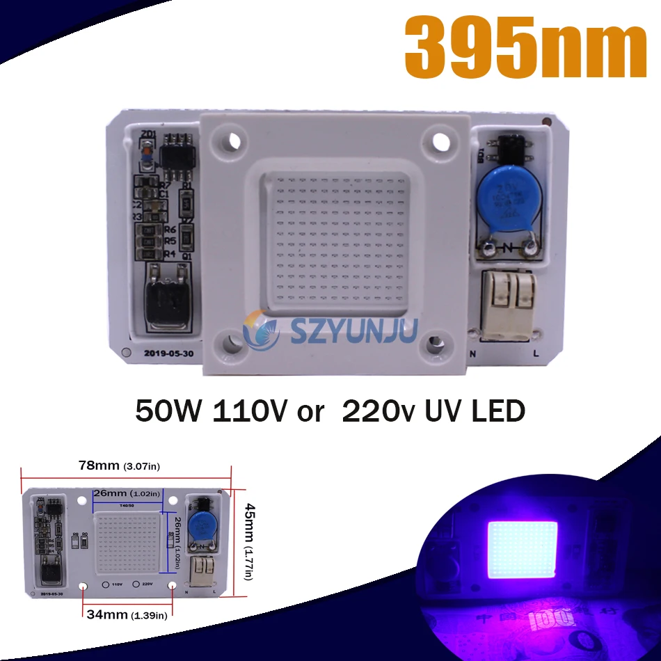 50W Led COB lámpara UV Chip IC inteligente 110V/220V 395nm 400nm DOB AC ultravioleta + disipador de calor + 12V 1.25A potencia LED