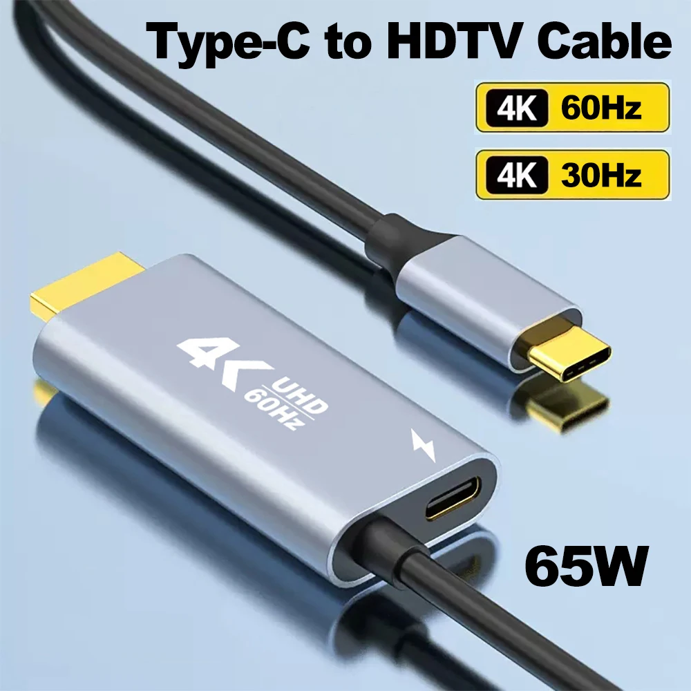 Cable compatible tipo C a HDMI, convertidor USB C a HDMI 4K 60Hz/30Hz, adaptador de Cable USB HDTV, cargador PD de 65W para PC, TV, Macbook Pro - imagen 2