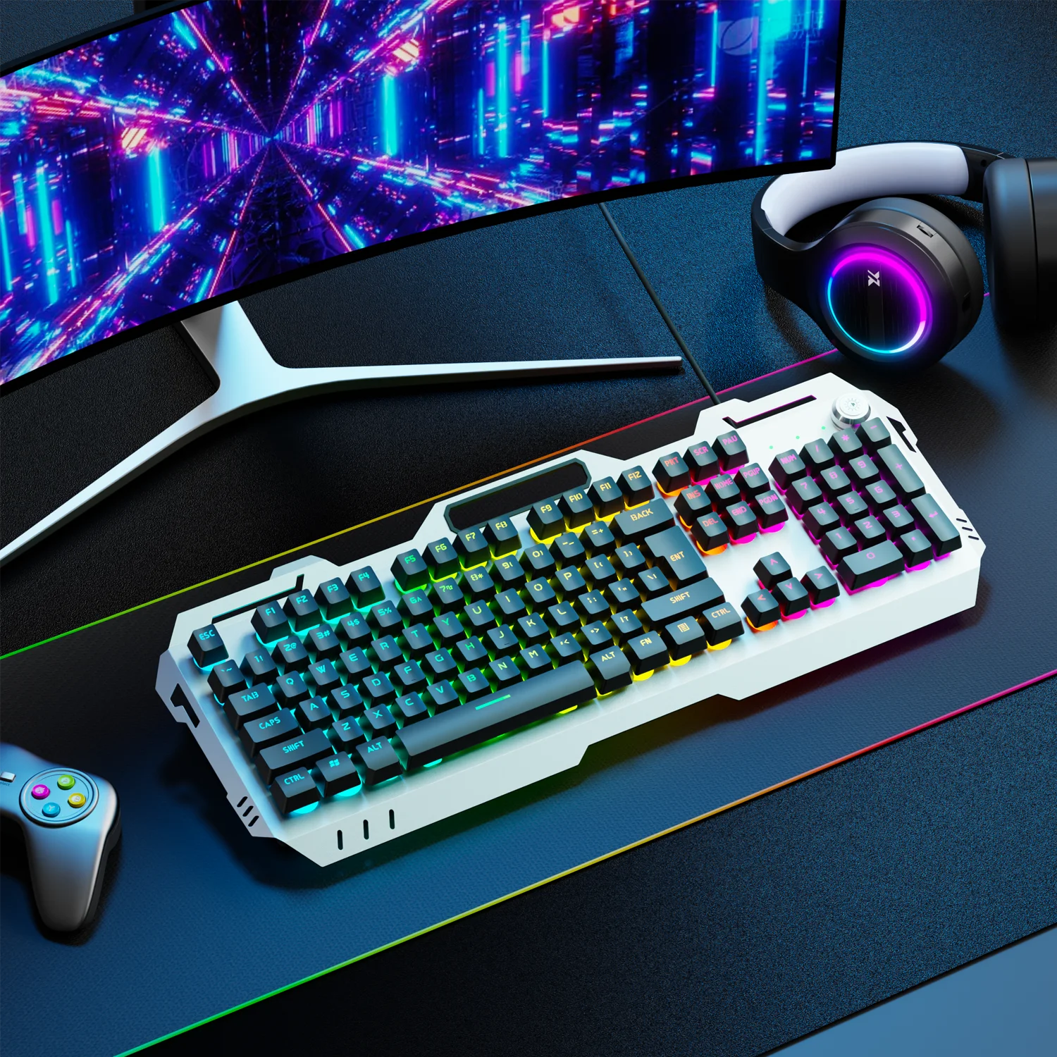 EWEADN Teclado para juegos silencioso, 104 teclas retroiluminadas con LED, panel totalmente metálico con cable USB, perilla multimedia, oficina, hogar, computadora portátil/escritorio