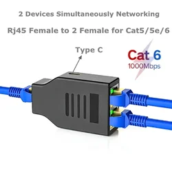 Cat 6 - RJ45 Hembra 1 a 2 Gigabit1000Mbps Divisor de red LAN Internet Divisor admite dos dispositivos que funcionan simultáneamente