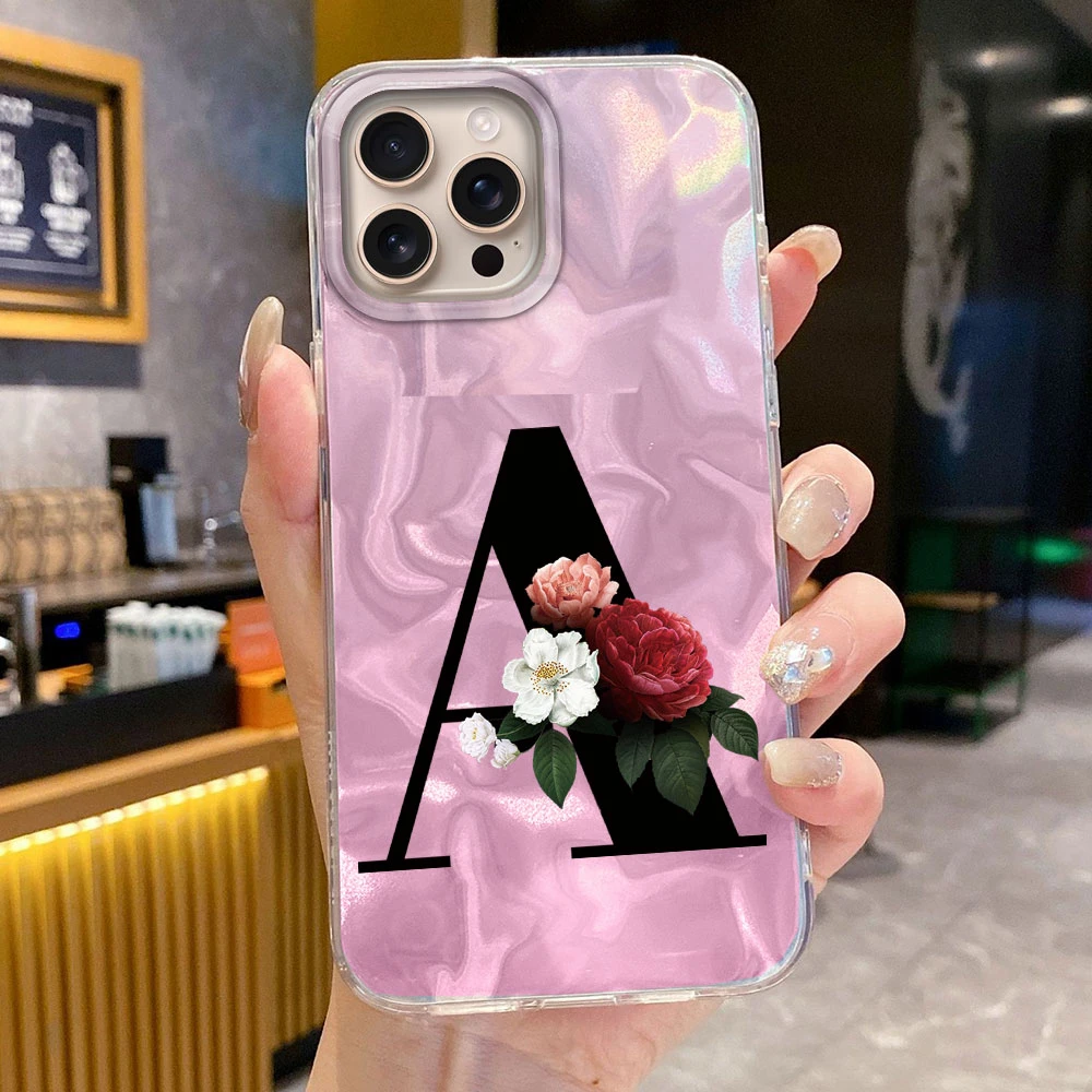 A-Z Flor de peonía con letra negra ﻿ Funda de teléfono para Apple iphone 15 14 Pro Max Plus, Fundas de silicona a prueba de golpes para parejas, funda trasera - imagen 2