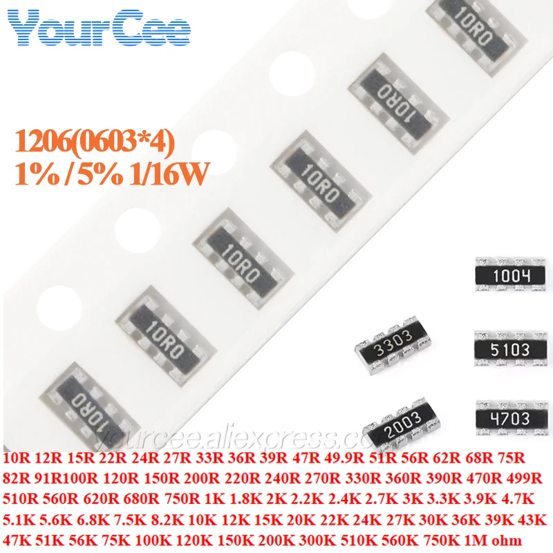 100 unids/lote 1206 0603*4 resistencia de red 1% 5% 1/16W 20 22 30 33 36 39 47 49,9 51 56 68 75 82 100 120 150 180 1K 10K 51K 100Kohm