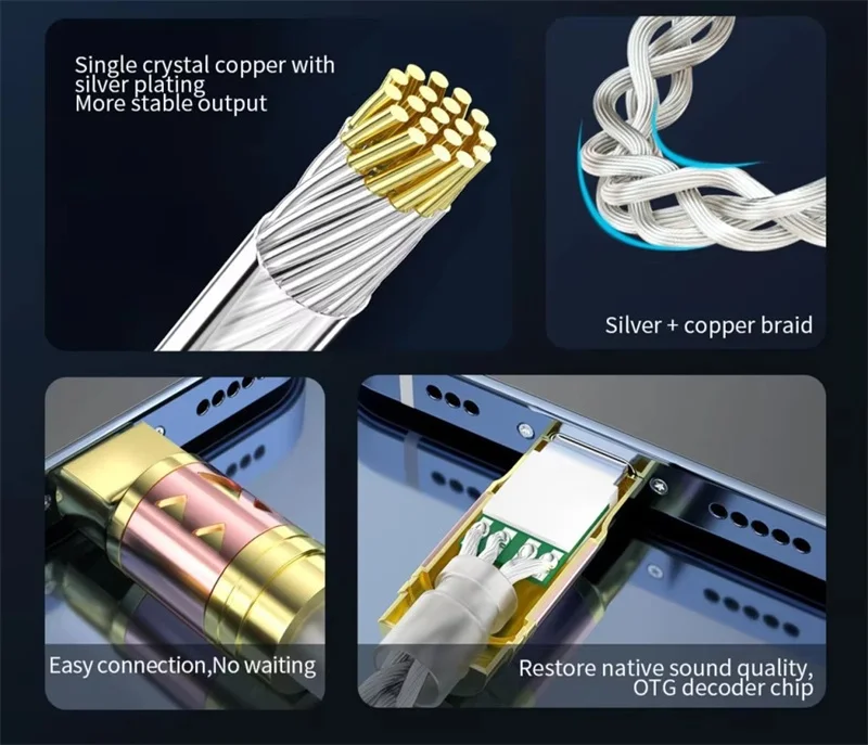 Convertidores de Audio de Cable USB tipo C decodificación OTG, adaptador de auriculares Chapado en plata y cobre de un solo cristal de 4 núcleos, convertidor USBC - imagen 5