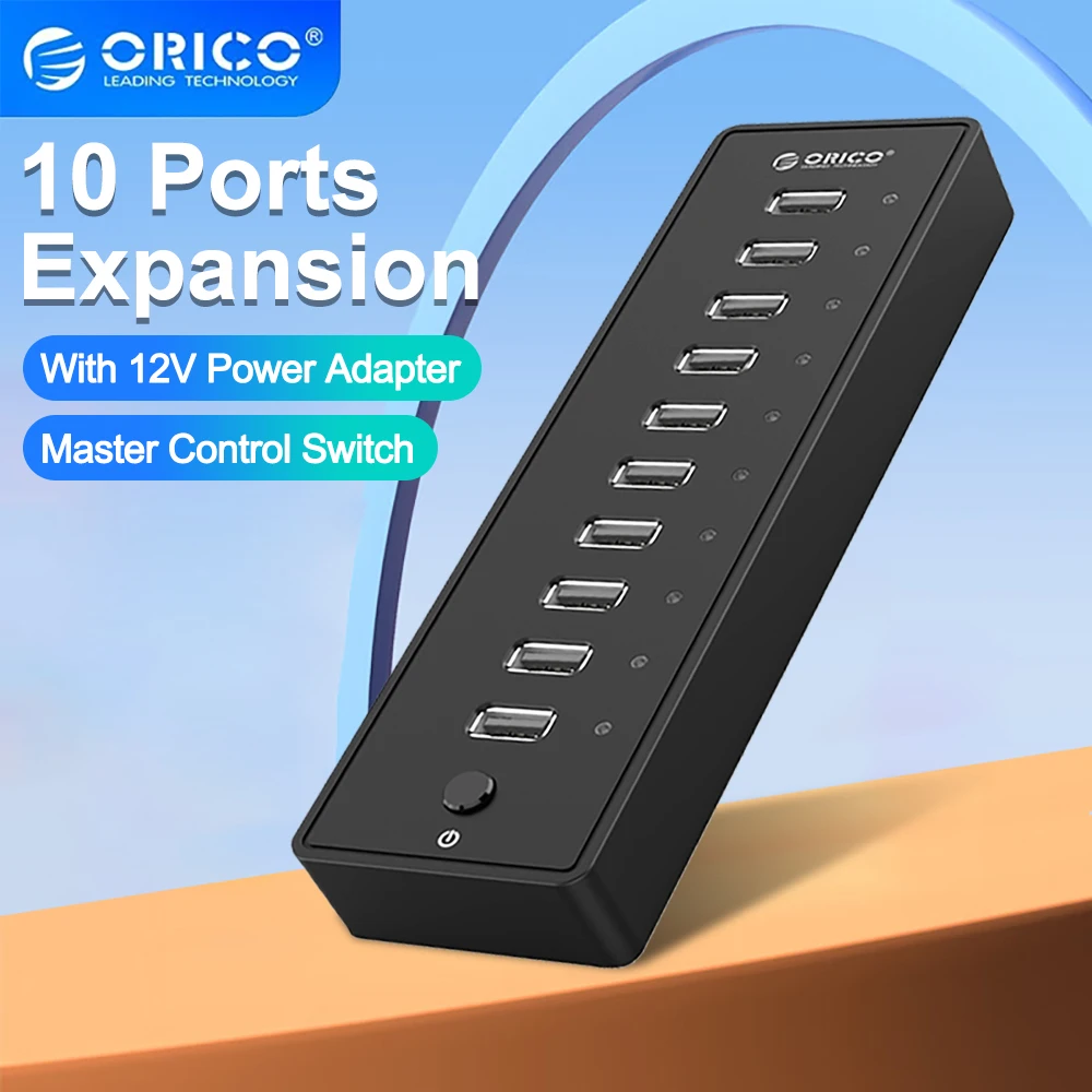 ORICO USB HUB 10 puertos ABS USB2.0 HUB con adaptador de corriente de 12V divisor USB de alta velocidad para PC accesorios de computadora Cable de datos de 1M