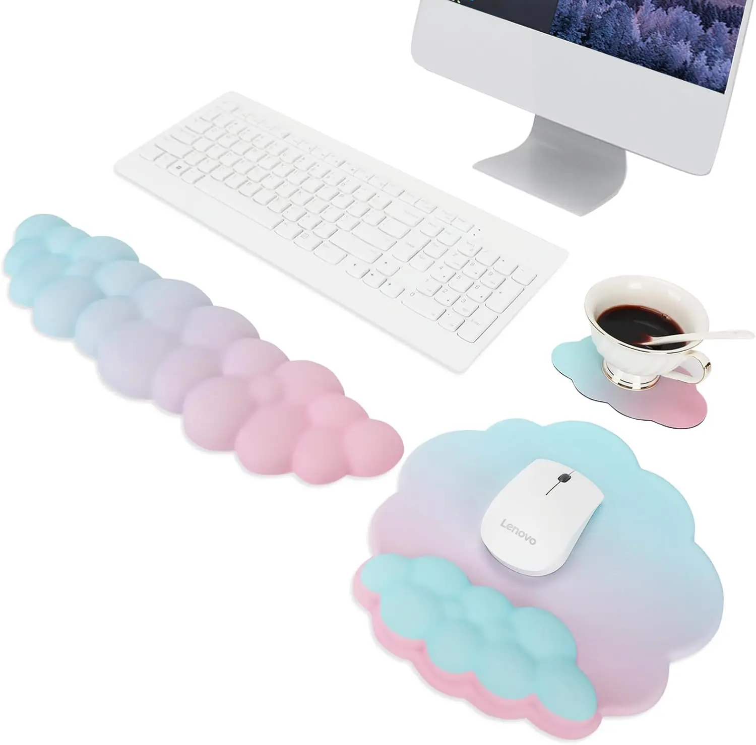 Reposamuñecas para teclado Cloud, alfombrilla para ratón, juego de soporte para brazo y muñeca con espuma viscoelástica bonita y ergonómica para juegos de ordenador, oficina y portátil - imagen 3