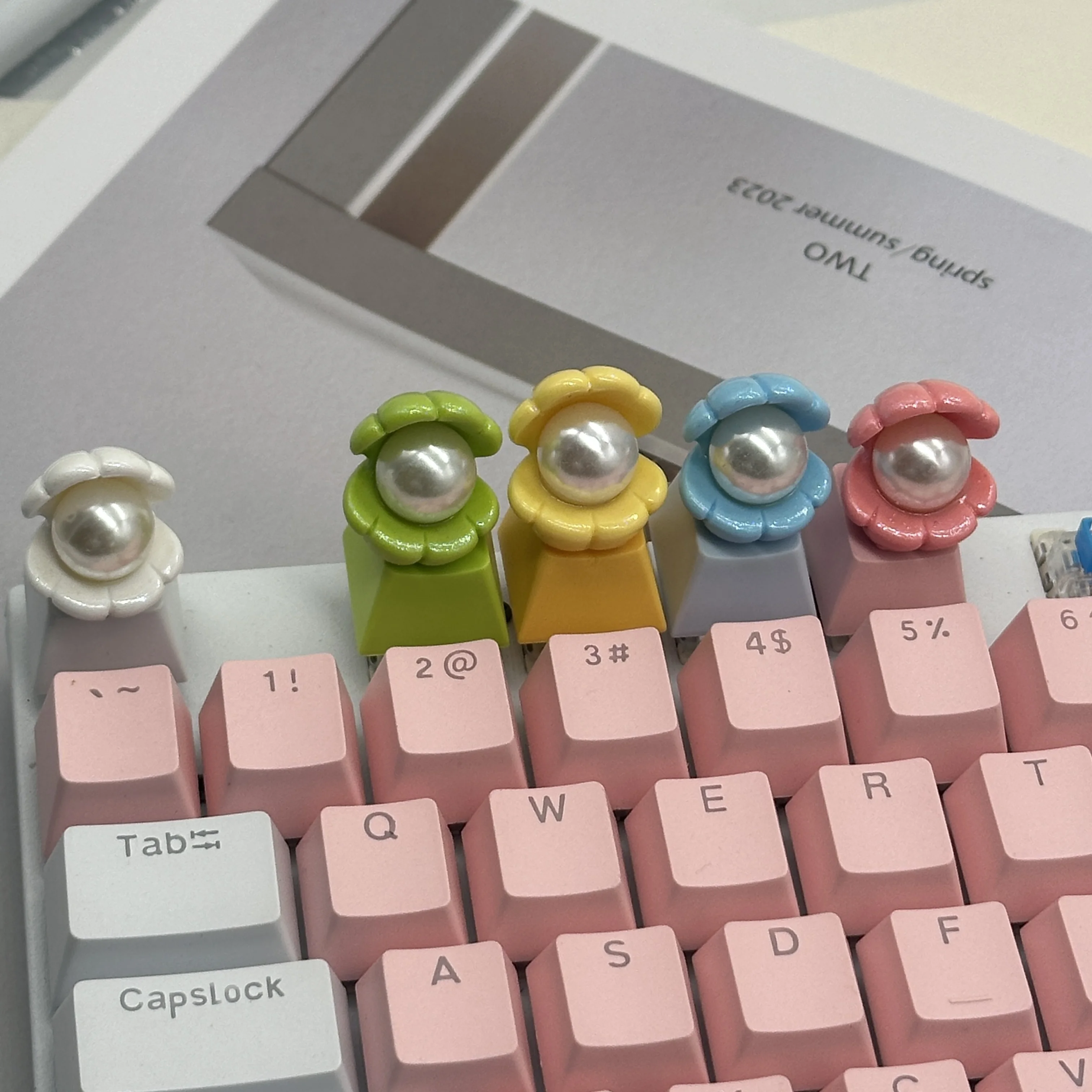 DlY-teclas de resina con concha de perla abierta, teclado mecánico de eje transversal, macarrón individual rosa - imagen 2