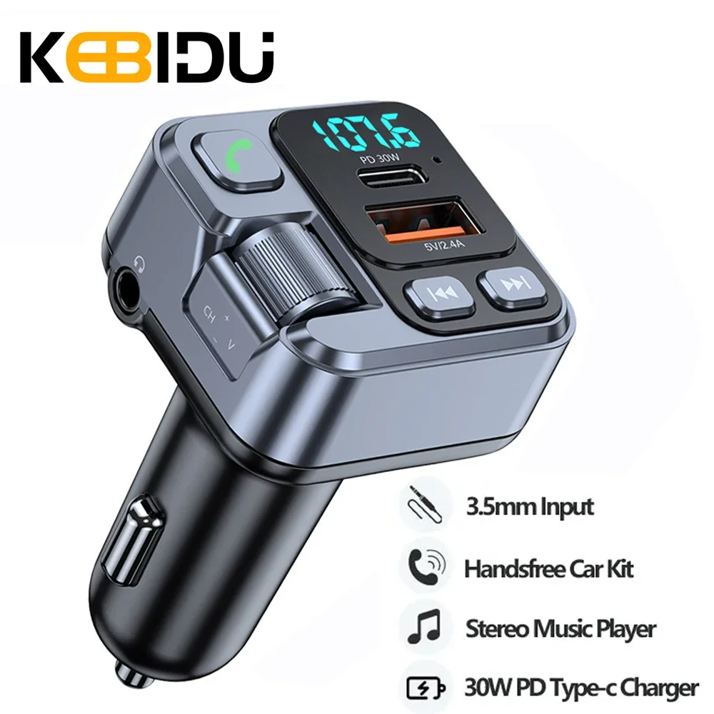 Transmisor FM Bluetooth 5,1 para coche, reproductor de música estéreo MP3, manos libres, Kit inalámbrico auxiliar de 3,5mm para coche, cargador rápido PD USB-C de 30W